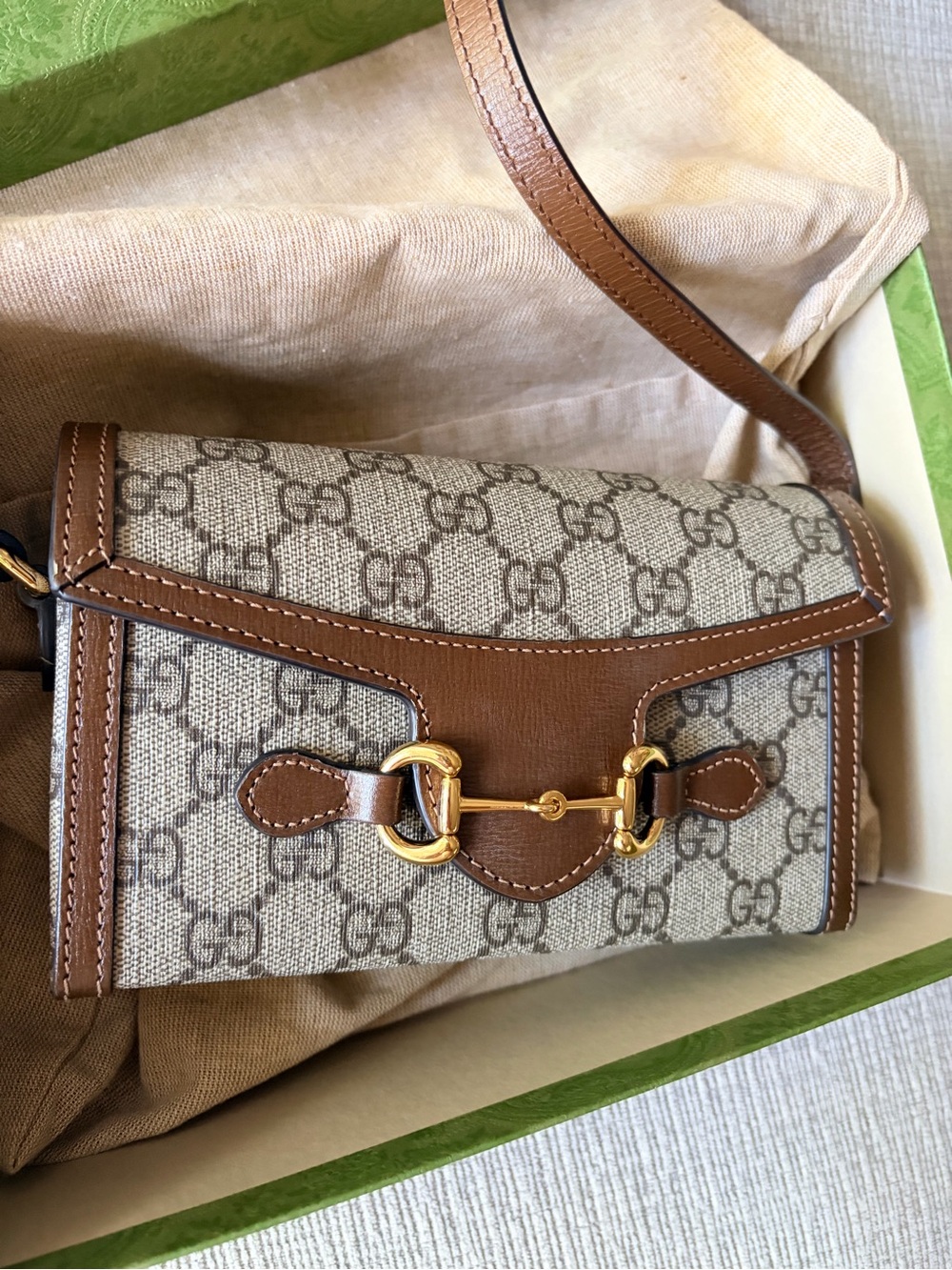Gucci Beige GG Canvas Crossbody with Brown Leather Trim - Picture 7 of 9